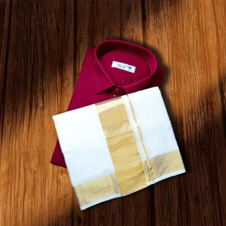 Cotton Shirt (Maroon) & Kasavu Mundu – Traditional Kerala Men's Set