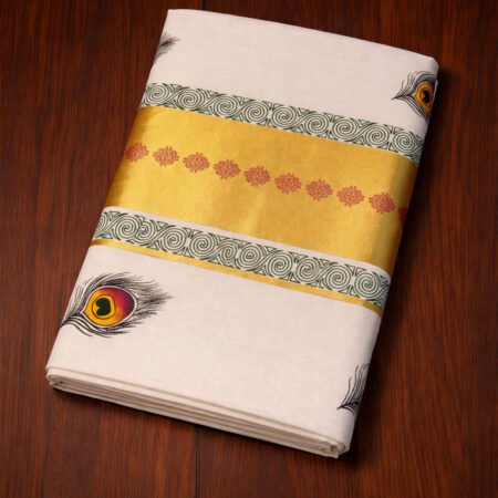 AUTHENTIC BALARAMAPURAM HANDLOOM KASAVU SET SAREE WITH MAYILPEELI PRINT & GEOMETRIC MOTIFS