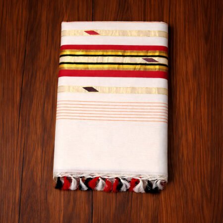 AUTHENTIC BALARAMAPURAM HANDLOOM KASAVU SAREE WITH RED BORDER, COLORFUL BUTTA & KUNJALAM